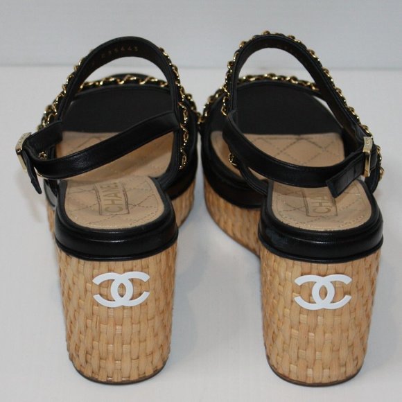 Chanel 20C Black Leather CC Chain Wicker Platform Wedge Sandal EU 40.5 / US 10.5 - Picture 6 of 11